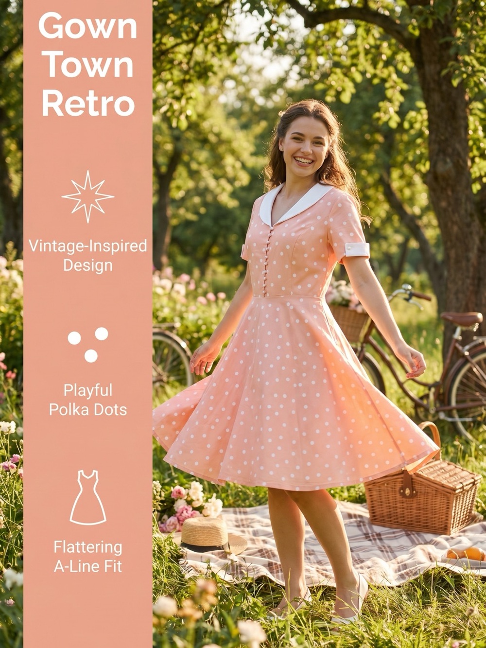 Retro Polka Dot A-Line Gown in Peach